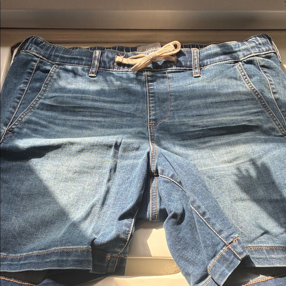 torrid Blue Denim Jean Shorts with Cream Drawstring